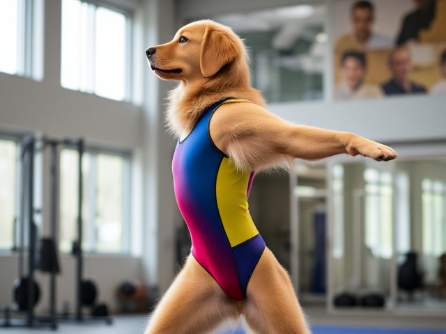 Anthropomorphic Golden retriever performing gymnastics in a colorful leotard, strong and athletic posture, inside a gymnasium setting with gym equipment in the background