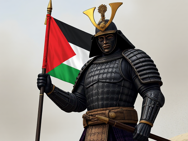 A armoured samurai holding a Palestinian Flag. Image in the art style of the video game Grand Theft Auto.