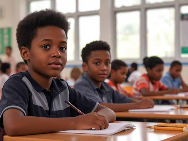 Des élèves afro américains âgés de huit ans assis dans une salle de classe lumineuse, concentrés sur un devoir, avec des bureaux et du matériel scolaire visible autour d'eux, lumière naturelle entrant par les fenêtres