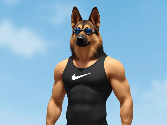 A tall anthropomorphic long haired German shepherd with a long torso and broad shoulders wearing a Nike high cut one piece swimsuit and swimming goggles