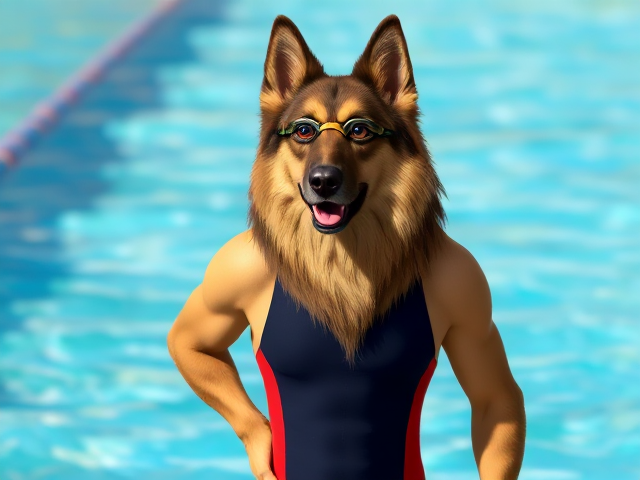 A anthropomorphic long haired German shepherd Olympic swimmer standing tall, while wearing a one piece swimsuit and swimming goggles
