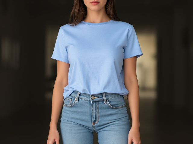 Brunette wearing skinny jeans and a light blue t shirt