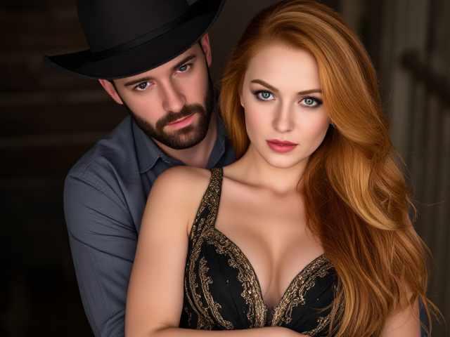 woman with long ginger hair and green eyes, wearing an elegant black and gold outfit, being held by a cowboy with short black hair and a beard, dressed in a nice dress shirt, romantic setting