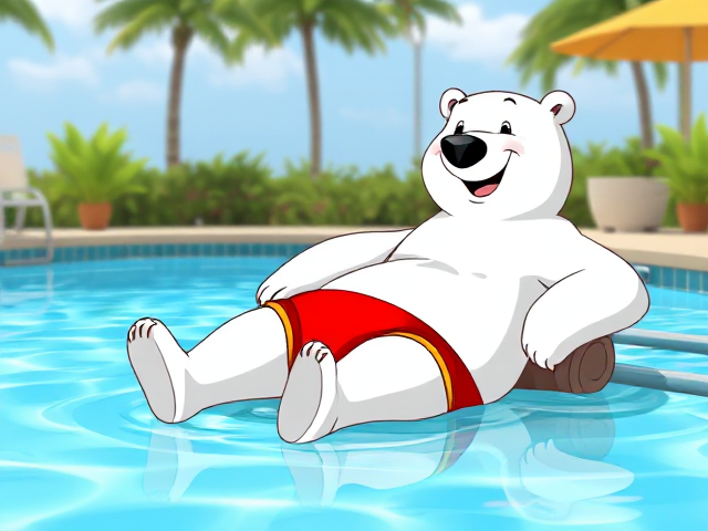 Cartoon polar bear lounging by a pool, wearing bright red swim trunks, smiling happily, sunny day, playful style