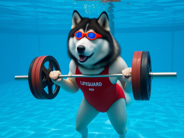 A anthropomorphic alaskan malamute wearing a red lifeguard one piece swimsuit and swimming goggles, deadlifting a barbell at the bottom of a pool
