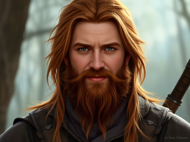 Warhammer RPG character portrait of a 25-year-old human witch hunter. He has long, red hair and a beard. His eyes are pale grey, and his expression is intense but friendly. He's dressed in rugged hunting attire.