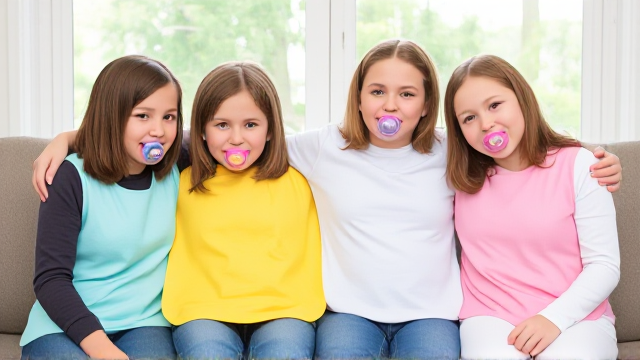 Quatre filles adolescentes aux cheveux lisses et dégagé et de différentes couleurs a l'avant assis dans un canapé avec des très grands Bavoirs simple de différentes couleurs en plastique et des tétines en bouches elles sont en tee-shirts manches longues de différentes couleurs que les Bavoirs et ont des et elles se font un gros câlin et il y a une grande fenêtre derrière le canapé