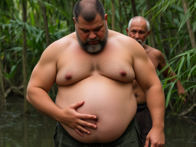A broad, stocky shirtless middle age  man with fair skin, short unkept pepper hair and beard, strong Chest muscles  and  arm muscles, and a firm, and a plump round belly. A smaller old man stands behind the big man, and the smaller old man’s hands gently rests,  hugging and rubbing the big man’s plump belly. The big man’s arms rest at his side, letting the smaller old man rub and hug his belly. They are in a swampy jungle. The mood is tense and serious like the  smaller old man is training the middle age man.