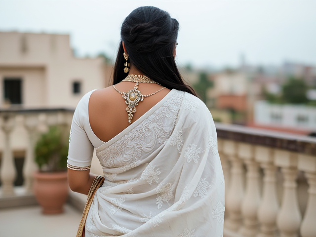 Indian woman dressed in a white saree with intricate white embroidery , and elaborate traditional jewelry including bangles, earrings, and a necklace, her back turned to reveal the detailed work on the saree. And long black hair, and NO face showing. The scene is set against a background of her on a balcony in Pakistan. Don’t blur the background