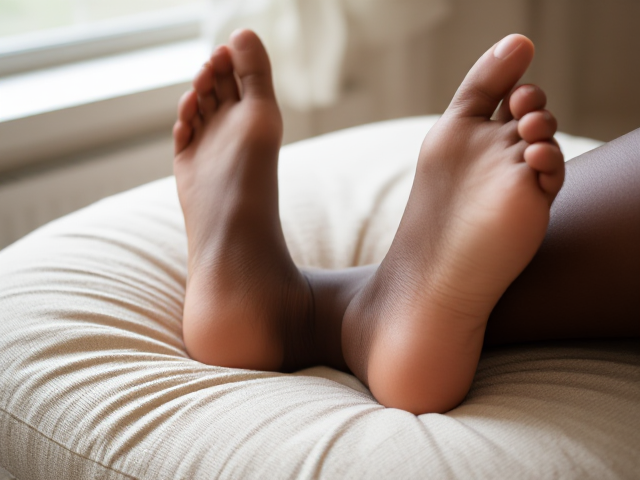 Beautiful feet of a Black woman resting on a soft cushion, detailed texture, natural lighting, cozy atmosphere