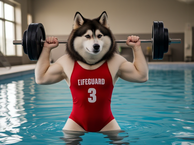 A anthropomorphic alaskan malamute wearing a red lifeguard one piece swimsuit lifting a barbell in a indoor pool