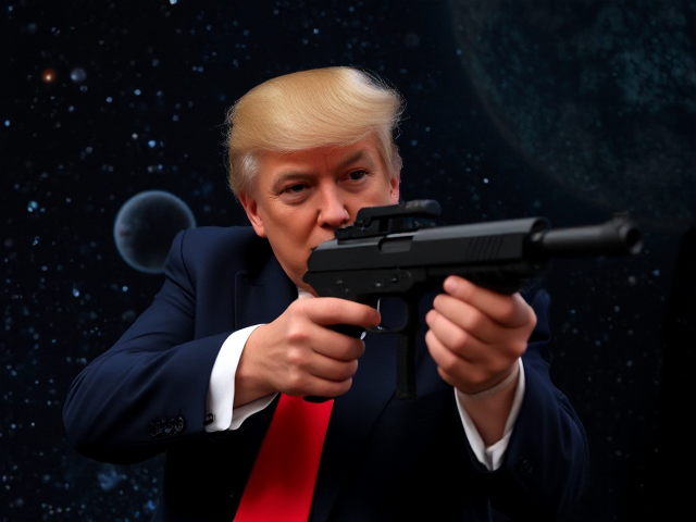 Donald trump with a gun in space