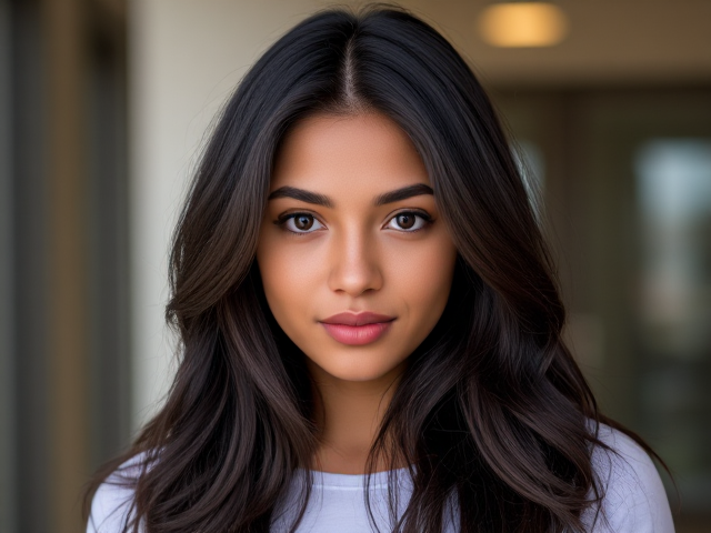 A lithe preppy dark-haired college girl with an angular face with brown skin and black eyes