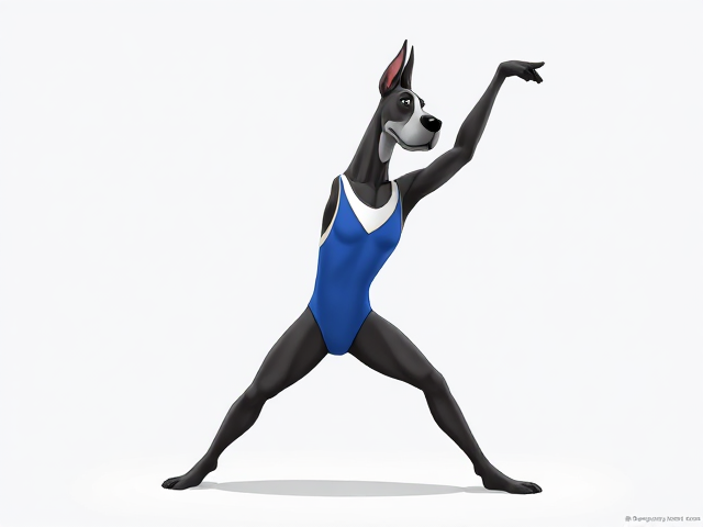 A anthropomorphic Great Dane Olympic gymnast wearing a leotard, stretching