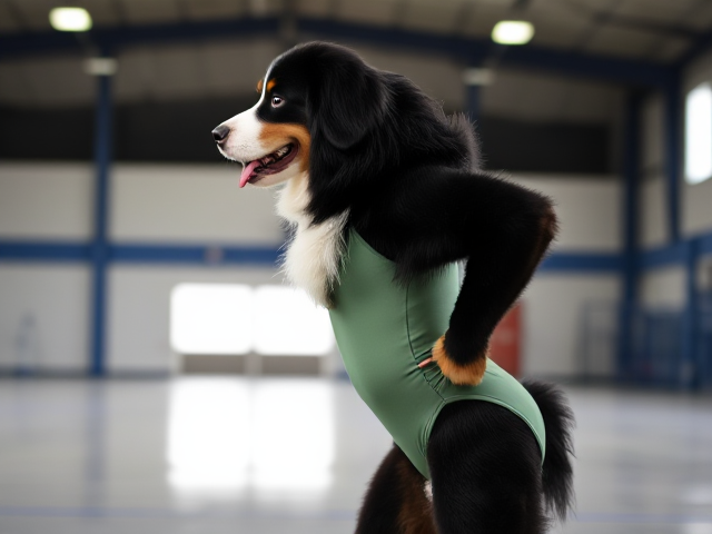 Bernese mountain dog with strong hips, wearing a gymnastics leotard, inside a gymnasium, dynamic pose, vibrant lighting, detailed fur