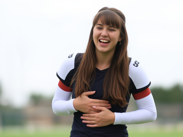 women’s field hockey player with long brown hair and bangs. She is wearing white knee high socks with shoulder pads, and is holding her stomach while laughing hysterically