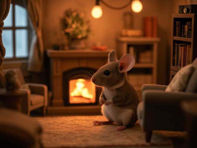 Mouse sitting in a cozy, warmly lit room with a small fireplace, surrounded by tiny furniture like a miniature armchair and bookshelf, decorated with soft textiles and warm colors