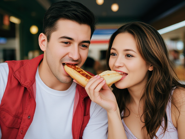man with woman eating a hotdog