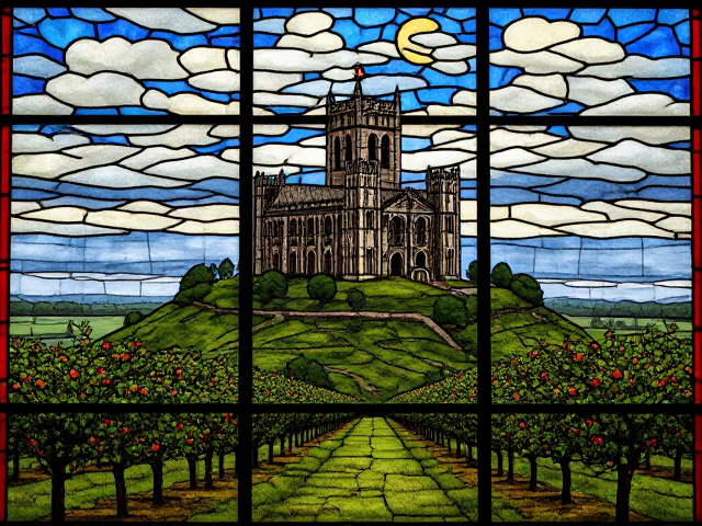 A medieval stained glass of a medieval Abbey on Glastonbury Tor surrounded by an apple orchard and misty marshes.
