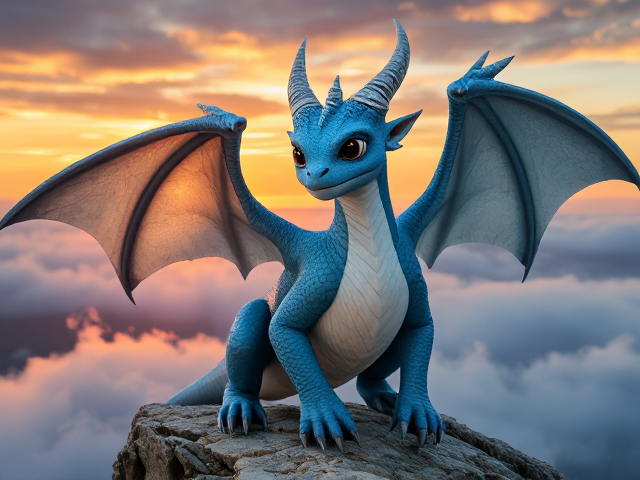 Young sky blue-scaled  dragon with large, intricately detailed wings; resembles a 10-year-old human in youthfulness; shimmering white chest scales; three vivid red eyes; adorned with multiple icicle-like horns on the head; surrounded by ethereal misty clouds; perched majestically on a rugged rocky cliff, illuminated by a dramatic sunset backdrop; maintains a serious facial expression