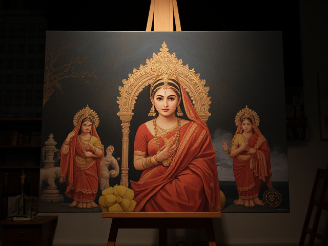 Gangubai Kathiwadi, realistic painting, on a stand, with good lighting