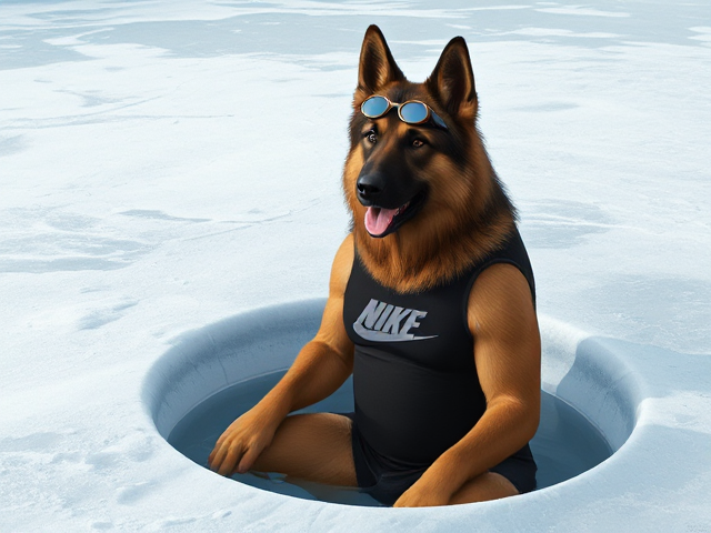 A tall anthropomorphic long haired German shepherd with a long torso and broad shoulders wearing a Nike bathing suit and swimming goggles while sitting in a hole in the ice
