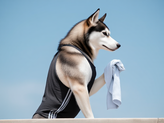 A tall anthropomorphic Siberian husky wearing an adidas swimsuit drying off with a towel