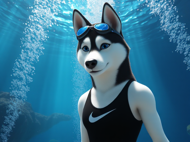 A tall and lean anthropomorphic Siberian husky with a long torso and broad shoulders, wearing a black Nike one piece swimsuit and swimming goggles, underwater