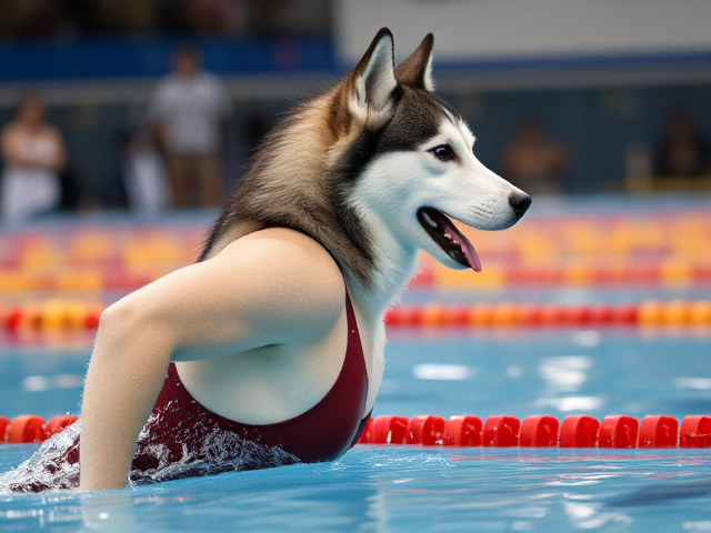 A anthropomorphic Siberian husky Olympic swimmer wearing a one piece swimsuit