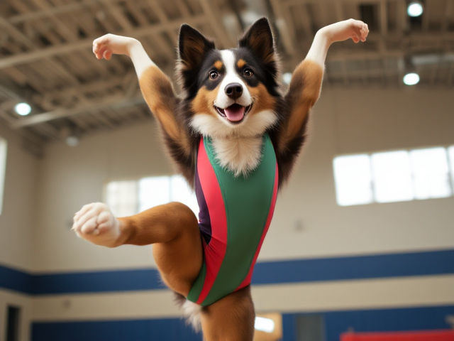 Anthropomorphic Australian shepherd performing gymnastics in a colorful leotard, inside a well-lit gymnasium, dynamic pose, detailed fur, expressive eyes