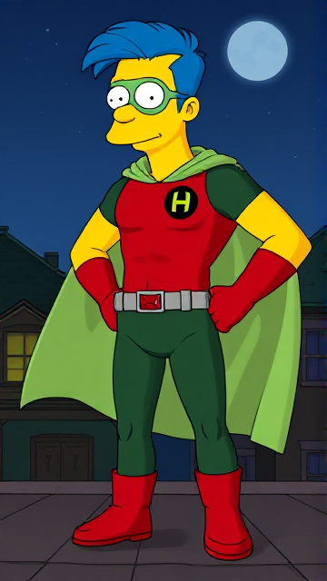 Cartoon scene: Milhouse Van Houten from The Simpsons, with his yellow skin, really big round nose, and blue hair that's slicked back and curled up at the top, but as a tall, 18-year old teenager, dressed as a parodied version of Robin, The Boy Wonder, with an extremely muscular body, wearing a dark green bodysuit with a red torso adorned with a small black circle with a light-green "H" symbol on his left pectoral, a silver utility belt with a red square buckle with silver pouches attached to it that hold all of his unique gadgets, red boots, red long-cuffed gloves, a really big, toe-length long, ultra-wide light-green cape wreathed around his neck held up by an inverted silver triangular button, and a light-green eye mask with optical lenses in it that protects his true identity, now known as Houseboy, The Nerd Wonder, the other half of Springfield's Dynamic Duo, and one of the greatest vigilante superheroes ever known in Springfield. In this scene, Houseboy is currently standing on the roof of his house at night, ready for action.