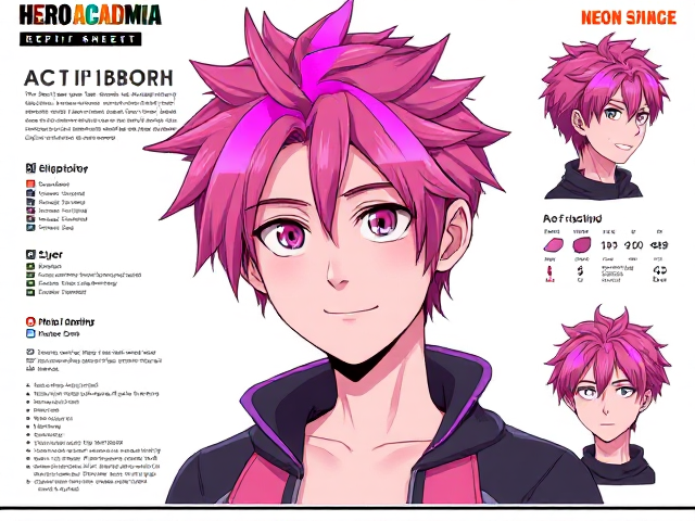 My hero academia oc ref sheet. Neon pink hair with bright purple strip.