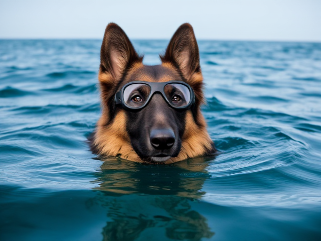 A long haired German shepherd wearing Freediving goggles rises from the ocean’s surface to take a breath
