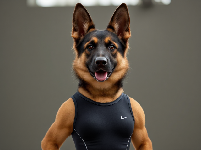 A German shepherd Olympic gymnast wearing a leotard