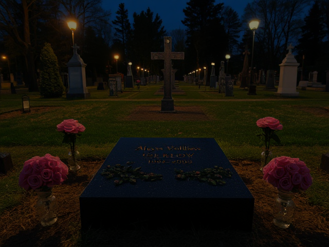 A grave that has the name 'Alyssa Volklov 1993-2009' engraved on it with roses in vases surrounding it at night with other graves (cemetery)