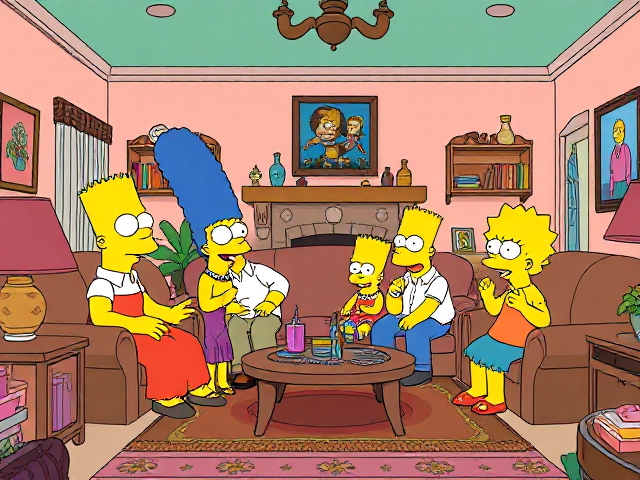Les Simpson, style cartoon, famille réunie dans le salon de leur maison emblématique, ambiance joyeuse et colorée, détails riches