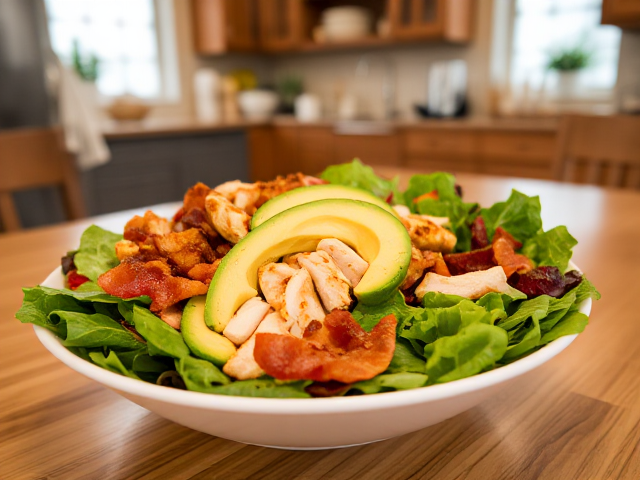 in a warm and welcoming kitchen, we see this on the table. This vibrant keto Cobb salad combines fresh greens, creamy avocado, savory bacon, and grilled chicken for a nutrient-packed meal. It's simple to prepare and customizable with your favorite low-carb dressing. A perfect blend of flavors and textures for a satisfying lunch.