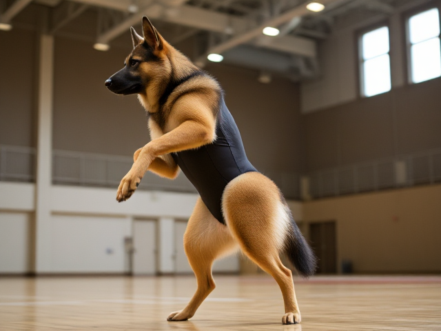 Anthropomorphic German shepherd with strong hips, wearing a gymnastics leotard, performing in a bright gymnasium setting, dynamic pose, high detail
