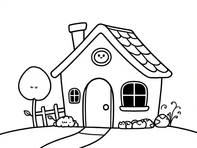 Outline art for a cute little house black and white for a simple coloring page featuring a friendly house. Use only outlines in a clean and clear style, mandala style, suitable for children aged 2 to 4. The house should have a basic, rounded shape with a cheerful expression to appear fun and approachable. Keep the design minimalistic for easy coloring, aiming for playful and inviting designs that capture the imagination of young children, with the goal of attracting kids."
