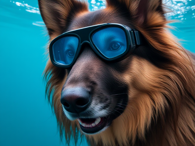Anthropomorphic German shepherd with long hair, wearing freediving goggles, face tinted blue from holding breath too long, underwater setting, detailed fur and expression