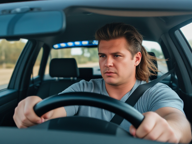 A quintessential Australian bogan male who has a mullet hairstyle and driving a Holden Commodore Ute with the police pulling him over for speeding