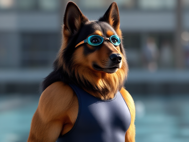 A anthropomorphic long haired German shepherd Olympic swimmer standing tall, while wearing a one piece swimsuit and swimming goggles