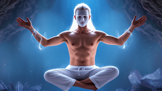 Homme torse nu en lévitation, porte un masque blanc sans visage,porte un pantalon traditionnels chinois, cheveux blancs et longs flottant autour de lui, lumières vibrantes courant le long de tout les méridiens chinois sur un corps, y compris les bras et la tête, iridescent et légèrement translucide révélant un réseau complexe de lumière intérieure. Il est assis en position du lotus dans une ambiance mystique et lumineuse, mettant en avant l'énergie vitale et la spiritualité. Environnement d'une grotte remplie de cristaux scintillants en arrière-plan, avec une douce brume accentuant l'atmosphère spirituelle. Détails raffinés des muscles illustrant l'harmonie entre le physique et le spirituel