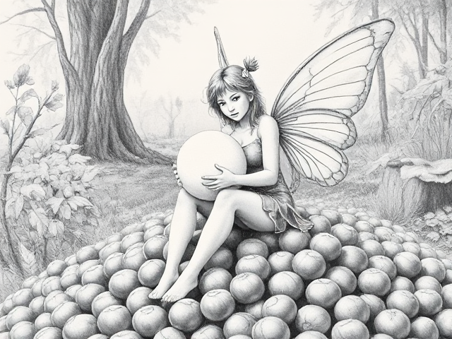 wings relaxed, wearing clothes, Hazelnut garden Fairy sitting on a pile of unshelled hazelnuts, holding a large sphere