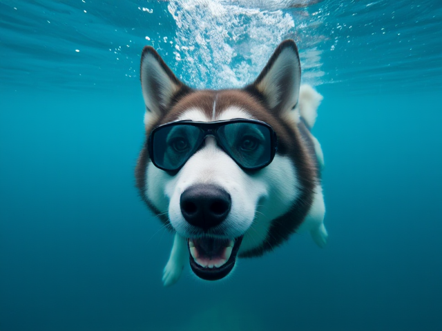 Alaskan malamute swimming underwater with freediving goggles, clear blue water, detailed fur and bubbles around
