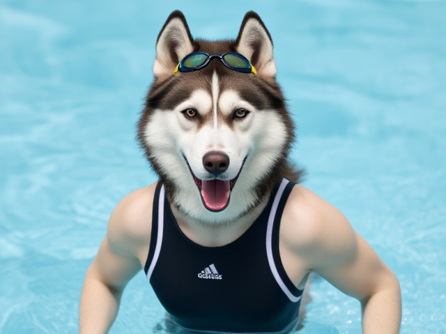 A anthropomorphic Siberian husky wearing an adidas swimsuit and swimming goggles