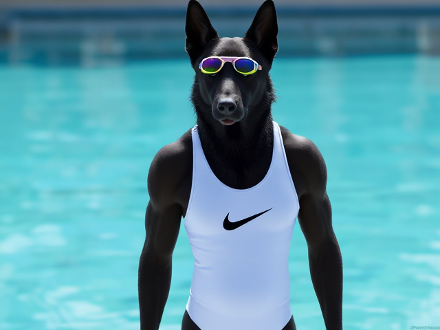 A tall and lean anthropomorphic black German shepherd with a long torso and broad shoulders wearing a white high cut Nike one piece swimsuit and swimming goggles