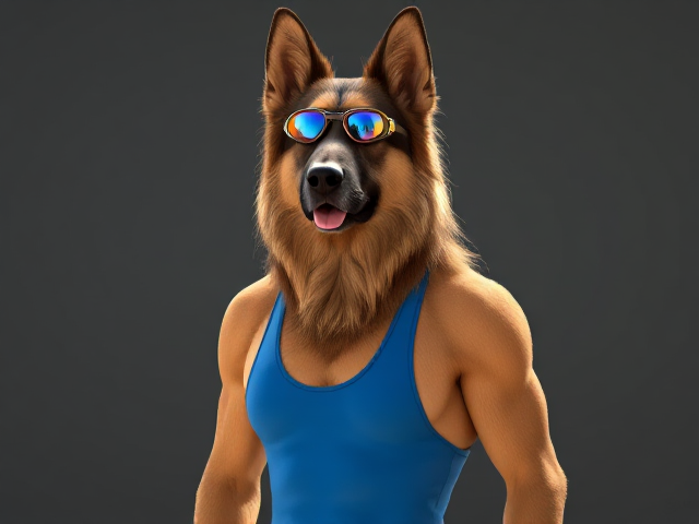 A anthropomorphic long haired German shepherd with a long torso and broad shoulders wearing swimming goggles and a high cut swimsuit
