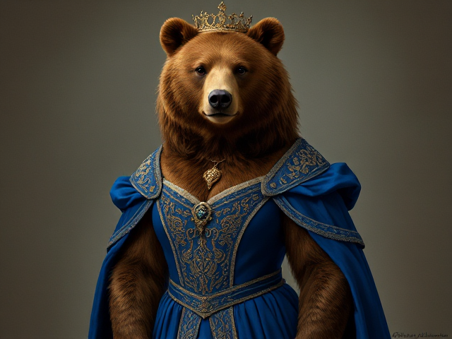 Image d'une femelle ours brun qui se tient debout de face
Habillé en princesse du moyen-âge, robe bleu saphir