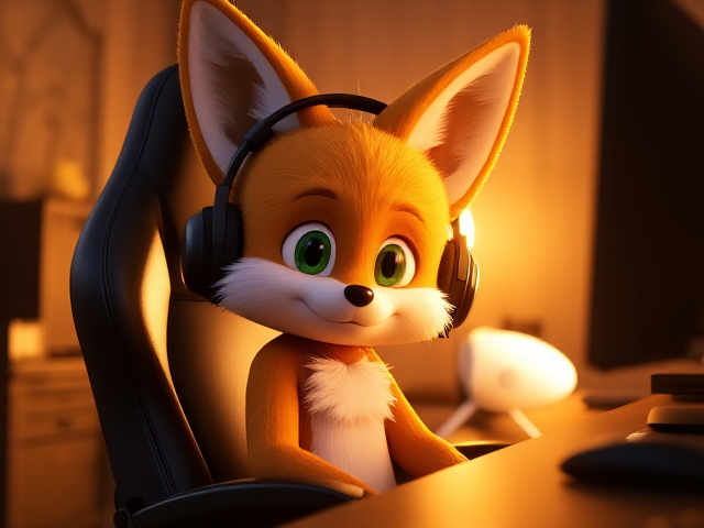 Tails the young Two Tailed fox sitting in a gaming chair at a desk with a gaming PC setup wearing gaming headphones , and a Ps5 on a desk in the background, Sega video game character